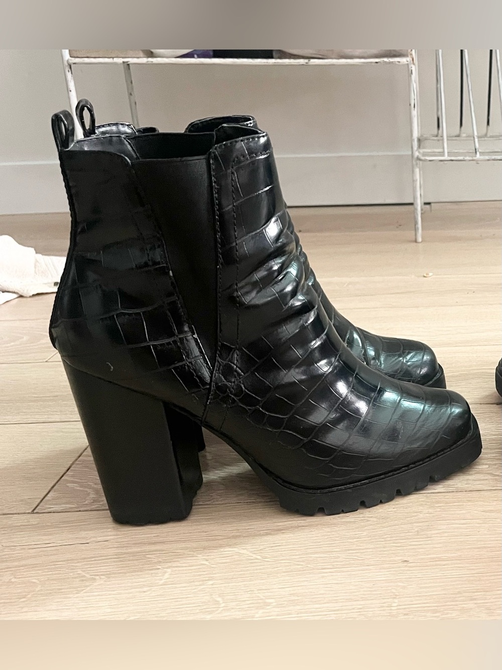 Steve Madden Black Croc-Embossed Platform Ankle Boots